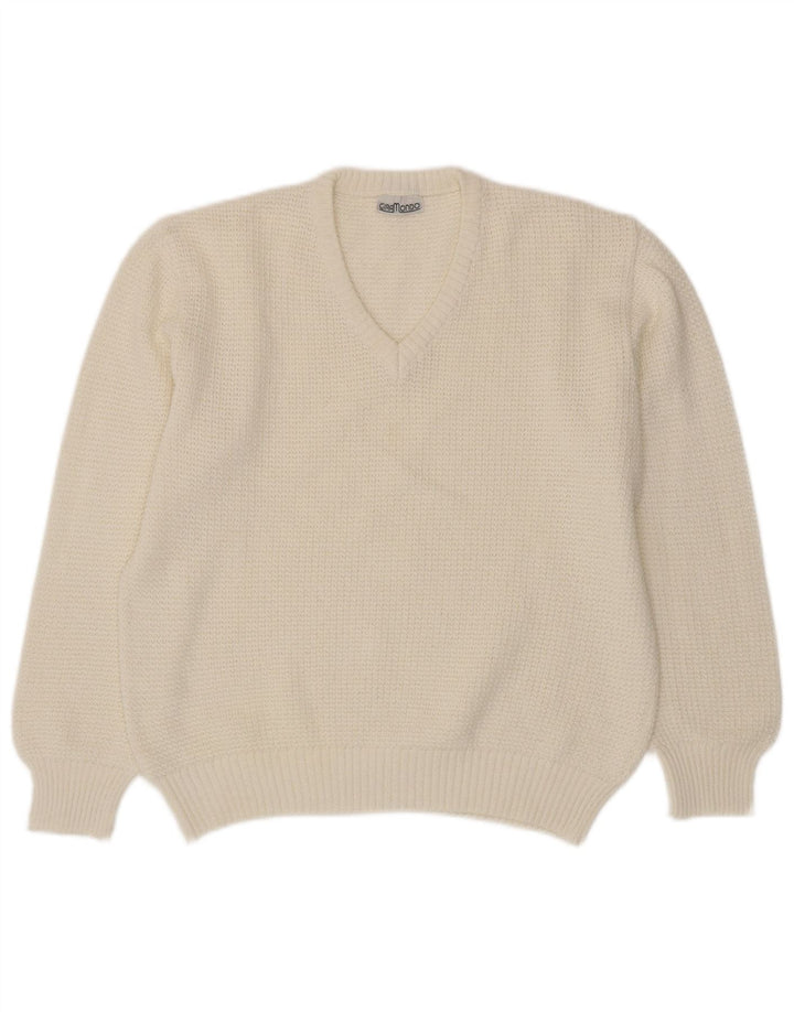 Maglione maglione con scollo a V da donna Giramondo UK 12 Cotone bianco medio