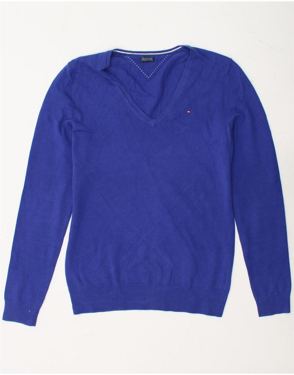 TOMMY HILFIGER Maglione da donna con scollo a V UK 10 Piccolo cotone blu