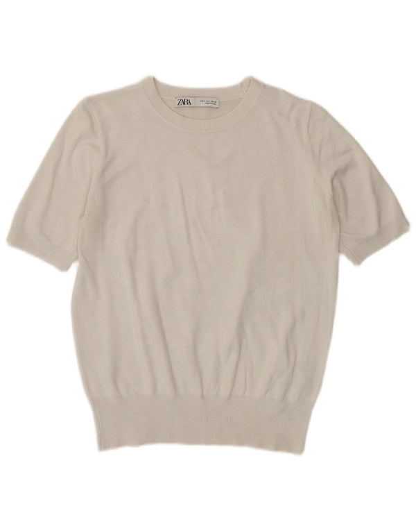 Maglione Zara da donna a maniche corte con scollo a barca UK 10 piccolo in viscosa bianca