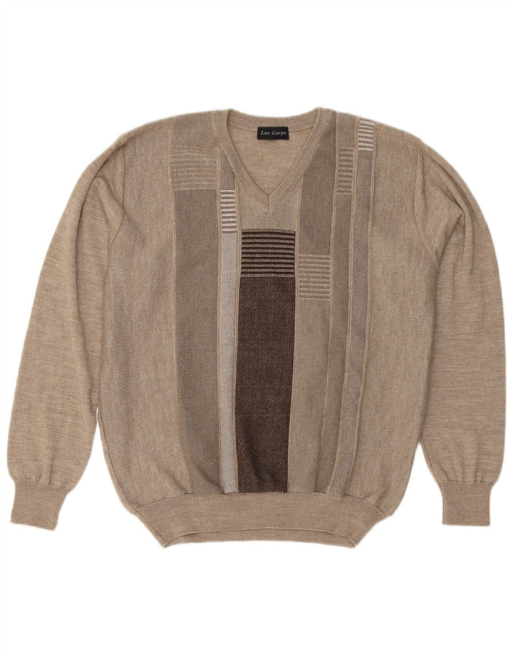 Maglione da uomo con scollo a V Les Corps Lana a righe beige medio