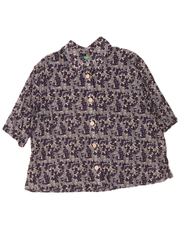 Benetton Womens Short Sleeve Shirt UK 18 XL Navy Blue Floral Cotton