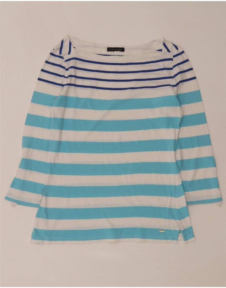 TOMMY HILFIGER Top da donna manica 3/4 UK 12 a righe blu medio