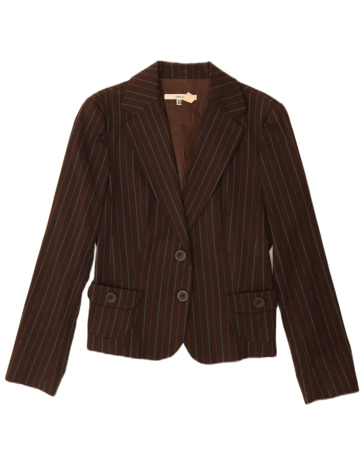 Giacca blazer a 2 bottoni da donna Zara UK 12 Poliestere a righe marrone medio