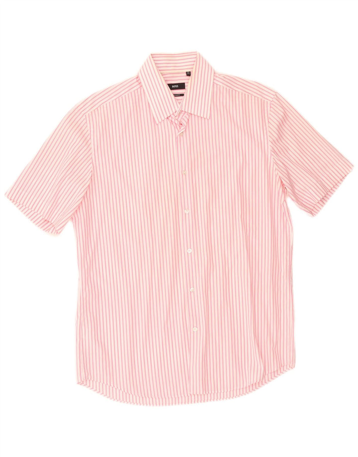 Camicia a maniche corte da uomo Hugo Boss taglia 16 1/2 42 grande gessato rosa