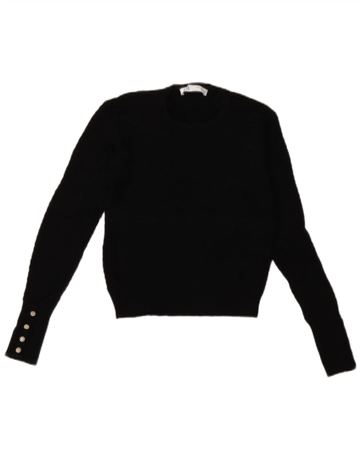 ZARA Womens Crop Crew Neck Jumper Sweater UK 12 Medium Black Viscose