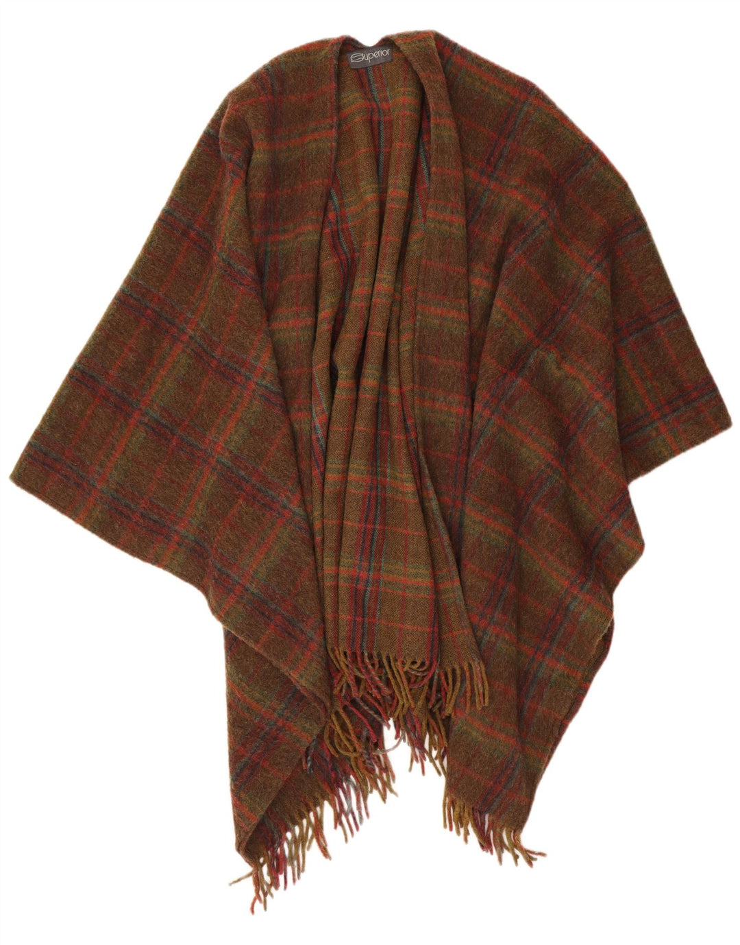 Maglione poncho aperto da donna di qualità superiore UK 16 grande lana scozzese marrone