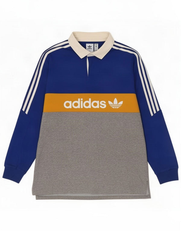 Adidas Mens Graphic Long Sleeve Rugby Polo Shirt Large Grey Colourblock