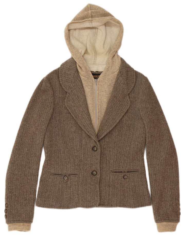 ricca giacca blazer con cappuccio a 2 bottoni da donna UK 12 marrone medio a spina di pesce