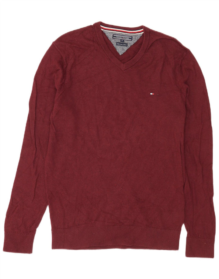 Maglione da uomo con scollo a V Tommy Hilfiger in cotone bordeaux medio