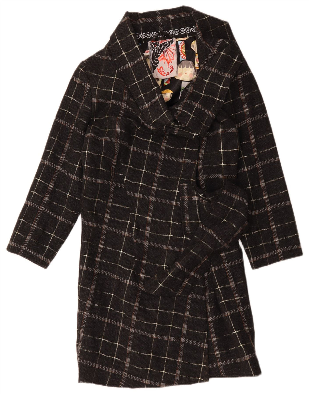 Soprabito oversize da donna vintage US 2 XS in lana a quadri neri