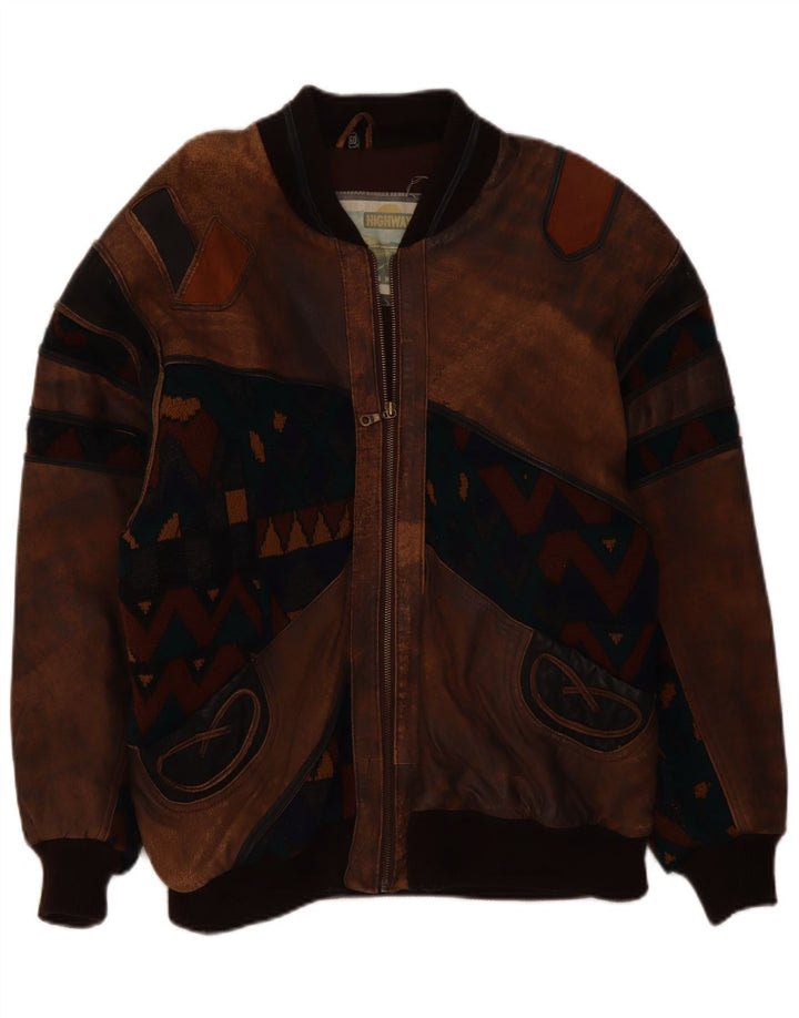 Giacca in pelle vintage da uomo IT 50 grande in pelle marrone geometrica