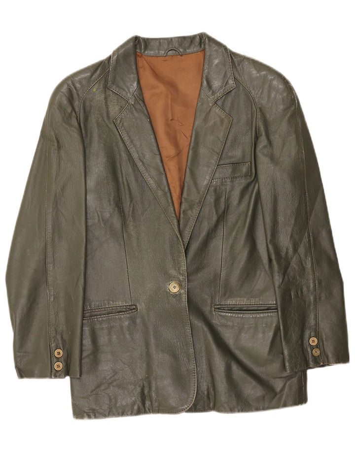 Giacca blazer in pelle da donna vintage a 1 bottone UK 10 piccola verde