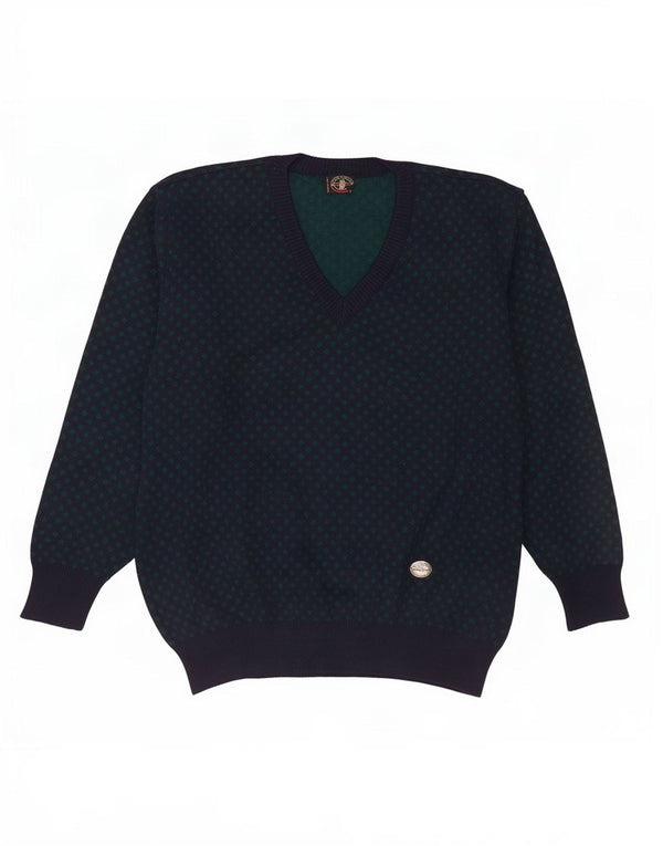 Maglione vintage da uomo con scollo a V XL in lana geometrica blu navy