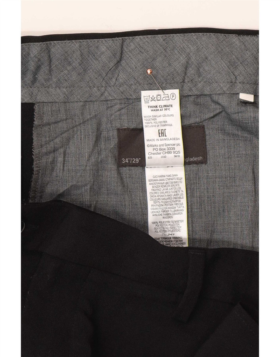 Pantaloni da abito regolari da uomo Marks & Spencer W34 L29 poliestere nero