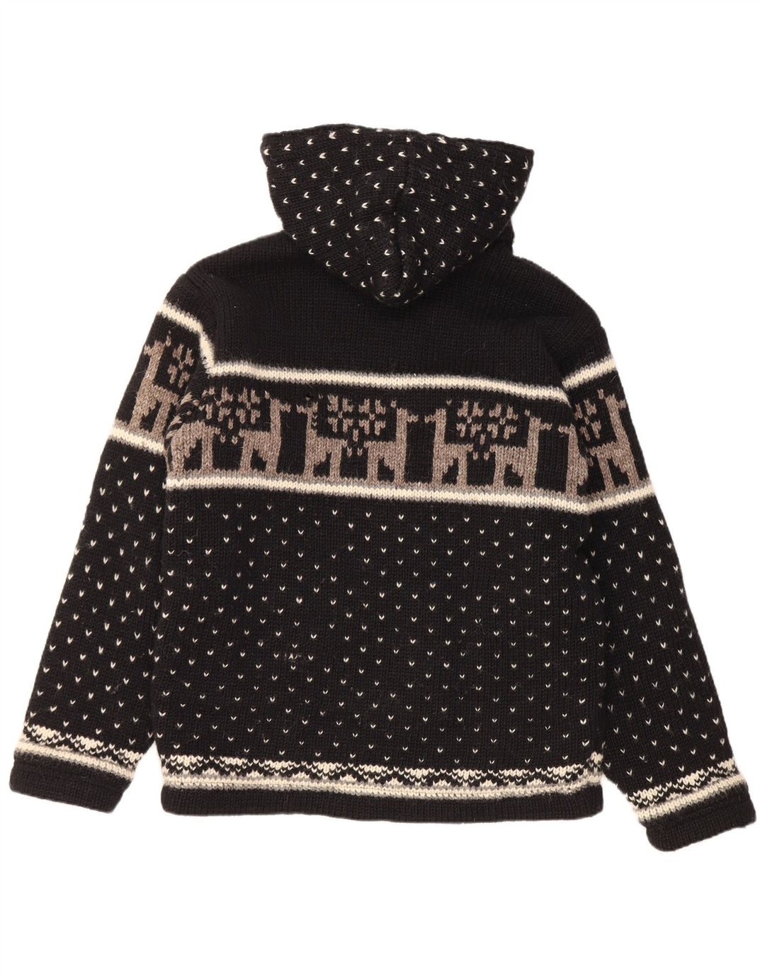 Maglione cardigan con cappuccio da uomo vintage grande lana Fair Isle nera