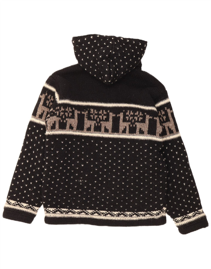 Maglione cardigan con cappuccio da uomo vintage grande lana Fair Isle nera