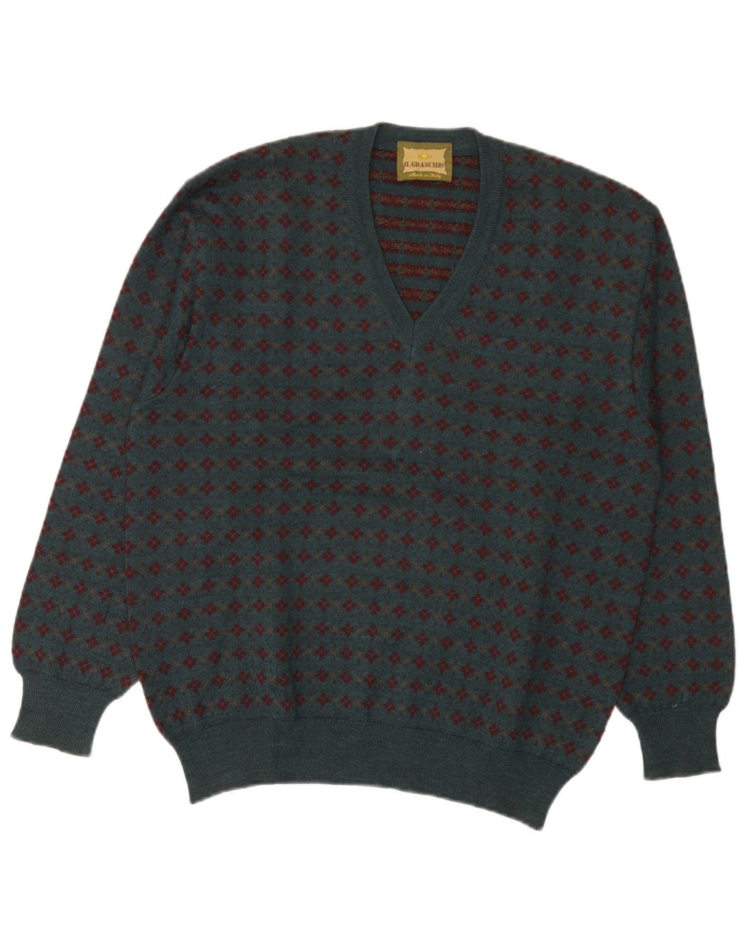 Maglione da uomo con scollo a V Il Granchio Lana Fair Isle verde medio