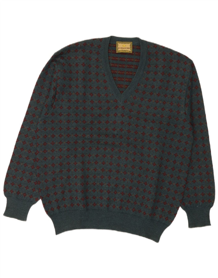 Maglione da uomo con scollo a V Il Granchio Lana Fair Isle verde medio