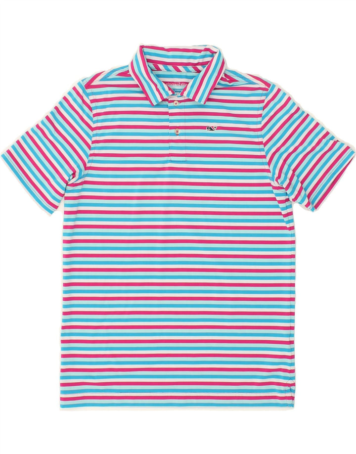 VINEYARD VINES Boys Polo Shirt 12-13 Years Medium Blue Striped Polyester Vintage Vineyard Vines and Second-Hand Vineyard Vines from Messina Hembry 