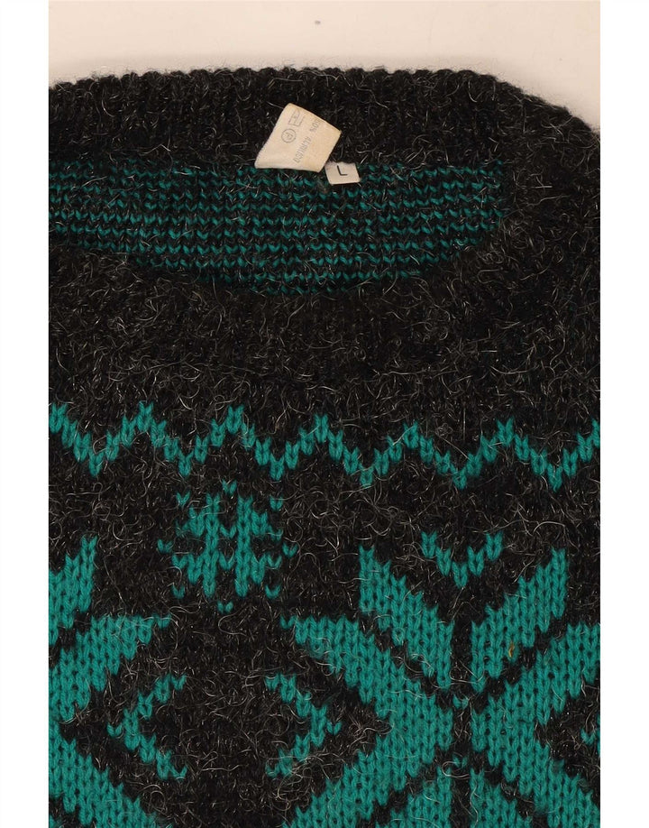 Maglione vintage da uomo con scollo a barca, grande lana Fair Isle grigia