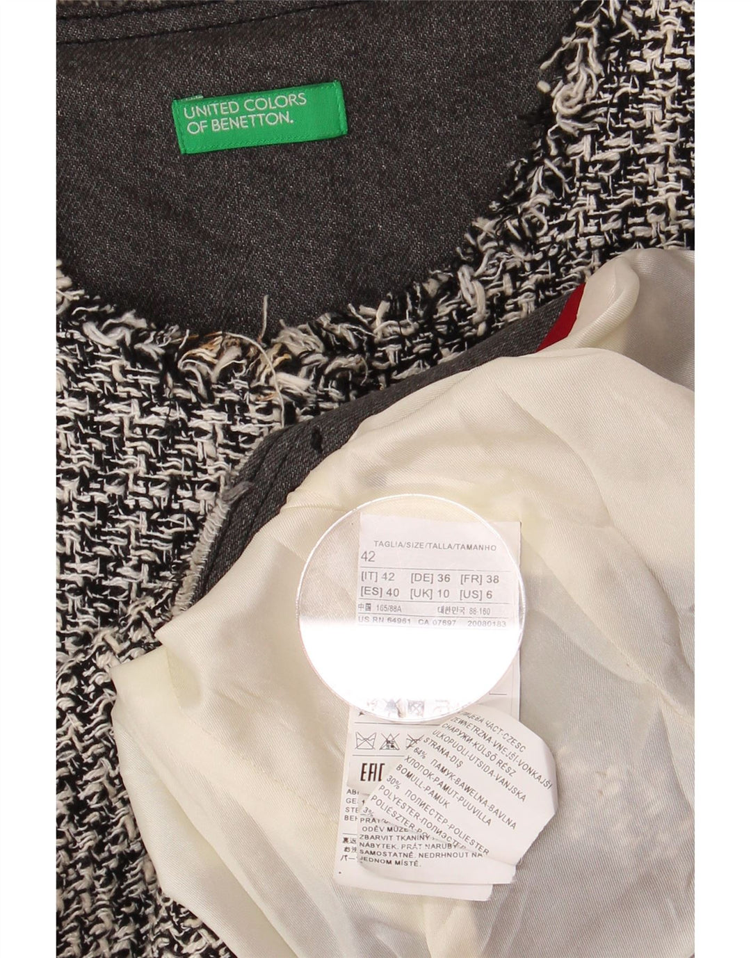 Giacca blazer aperta corta da donna BENETTON UK 10 piccolo pied de poule grigio