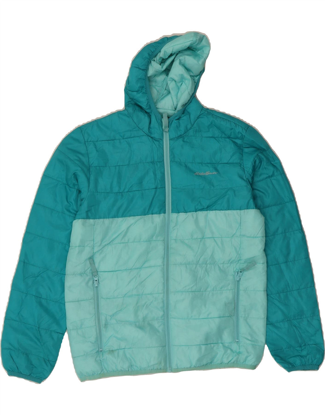 EDDIE BAUER Boys Hooded Padded Jacket 13-14 Years Large  Blue Colourblock Vintage Eddie Bauer and Second-Hand Eddie Bauer from Messina Hembry 