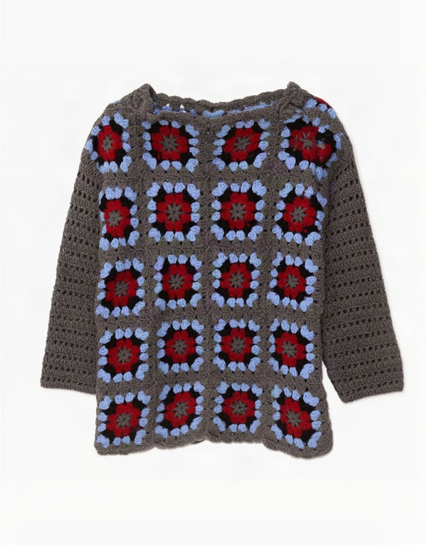 Maglione vintage da donna con collo alto all'uncinetto, UK 14, grande motivo floreale grigio
