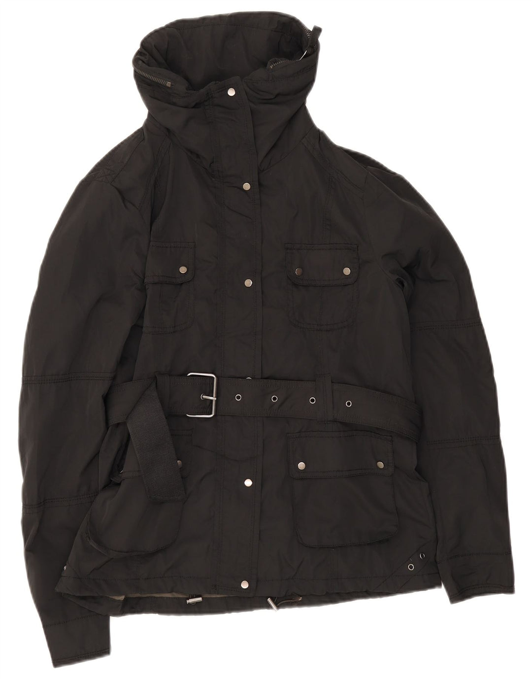 Giacca utilitaria vintage da donna con cintura UK 12 media nera