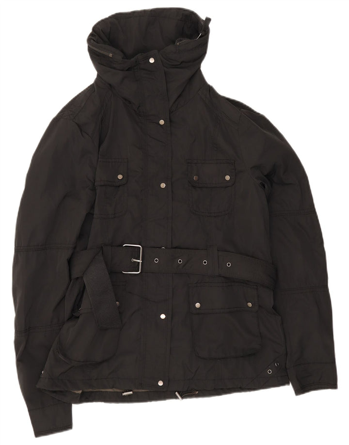 Giacca utilitaria vintage da donna con cintura UK 12 media nera