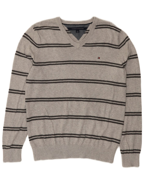 Tommy Hilfiger Uomo Maglione con scollo a V Maglione in cotone a righe grigio medio