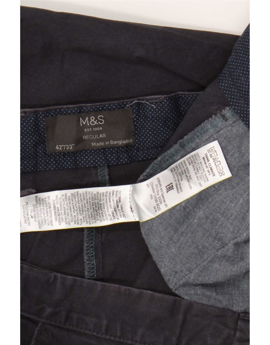 Pantaloni chino regolari da uomo Marks & Spencer W42 L33 cotone blu navy