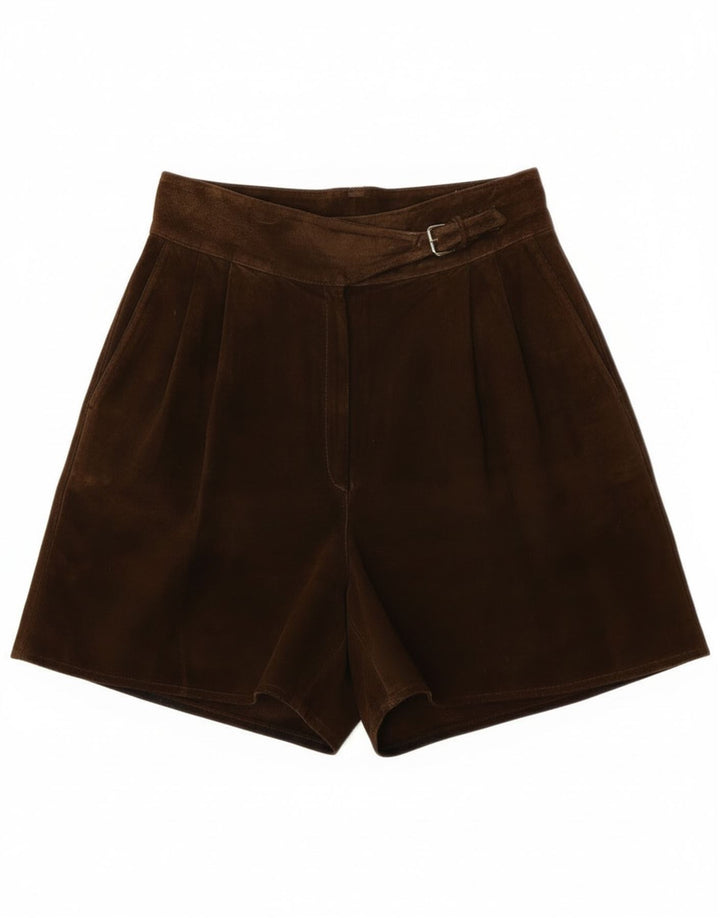 Pantaloncini chino vintage in pelle scamosciata a vita alta da donna W26 piccoli marroni