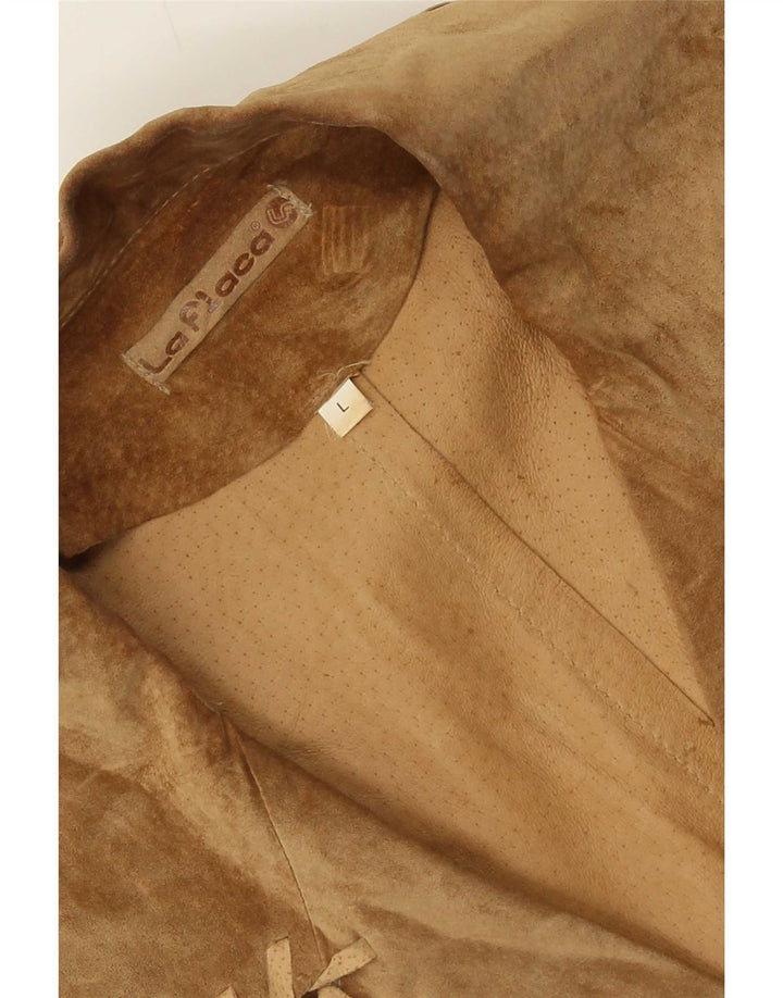 Giacca blazer vintage in pelle scamosciata a 2 bottoni da donna UK 14 grande beige