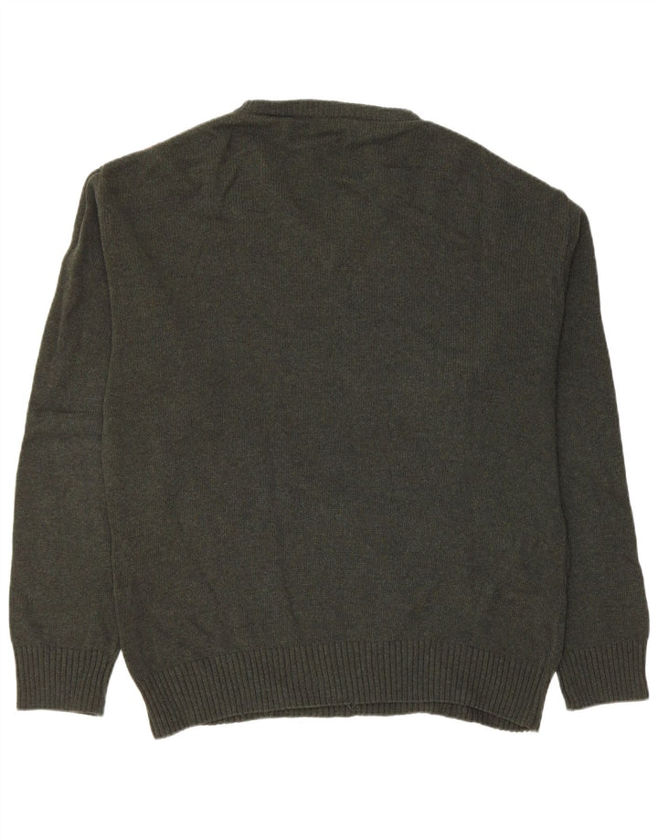 Maglione da uomo VINTAGE con scollo a V, lana vergine verde medio a rombi/diamante