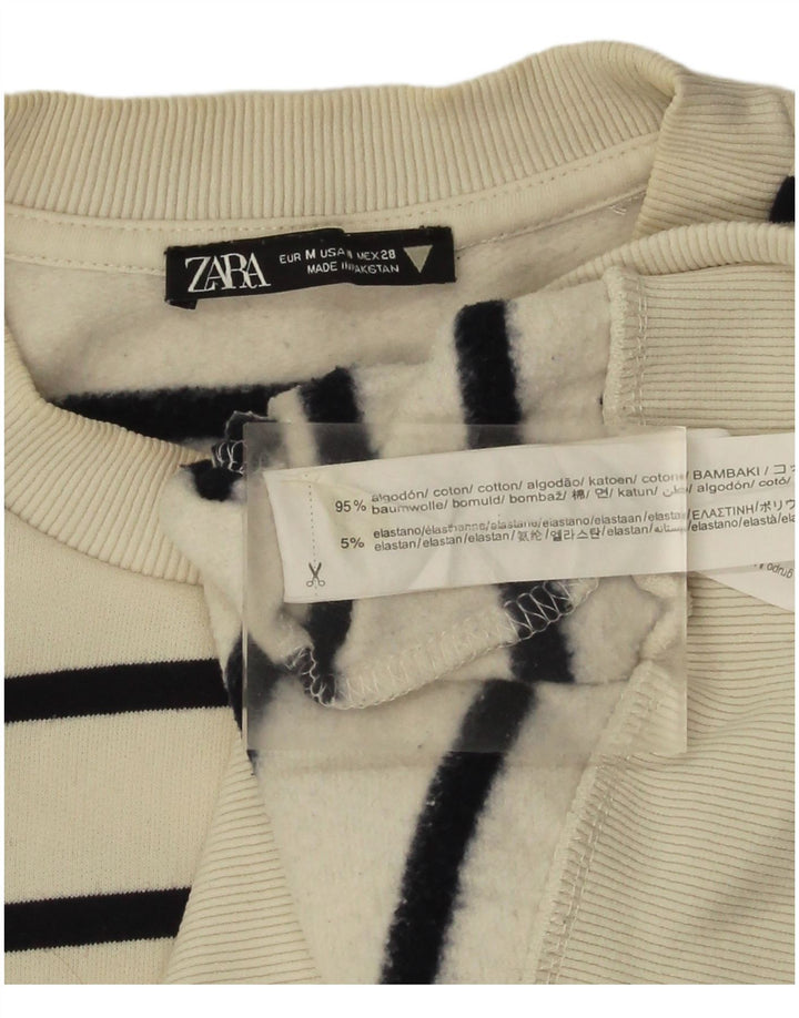 Felpa corta da donna Zara, maglione UK 14, cotone a righe bianche medie