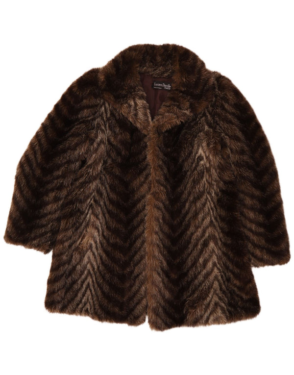 Soprabito da donna in pelliccia sintetica Lucien Daville UK 16 grande acrilico marrone Chevron