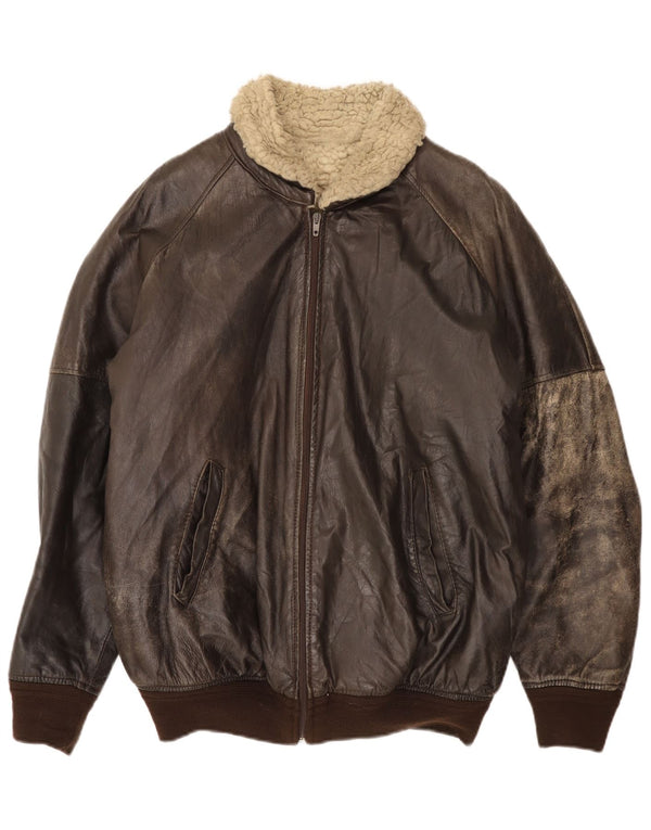 Giacca Sherpa in pelle da uomo vintage IT 52 XL Marrone