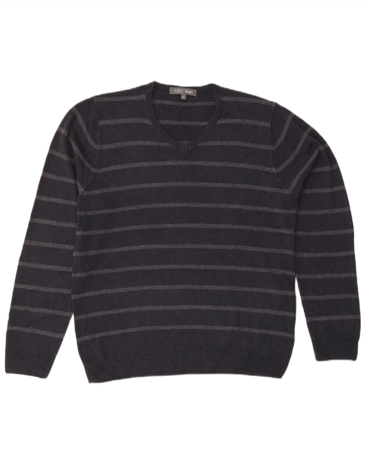 Maglione da uomo con scollo a V Marks & Spencer, grande acrilico a strisce blu navy