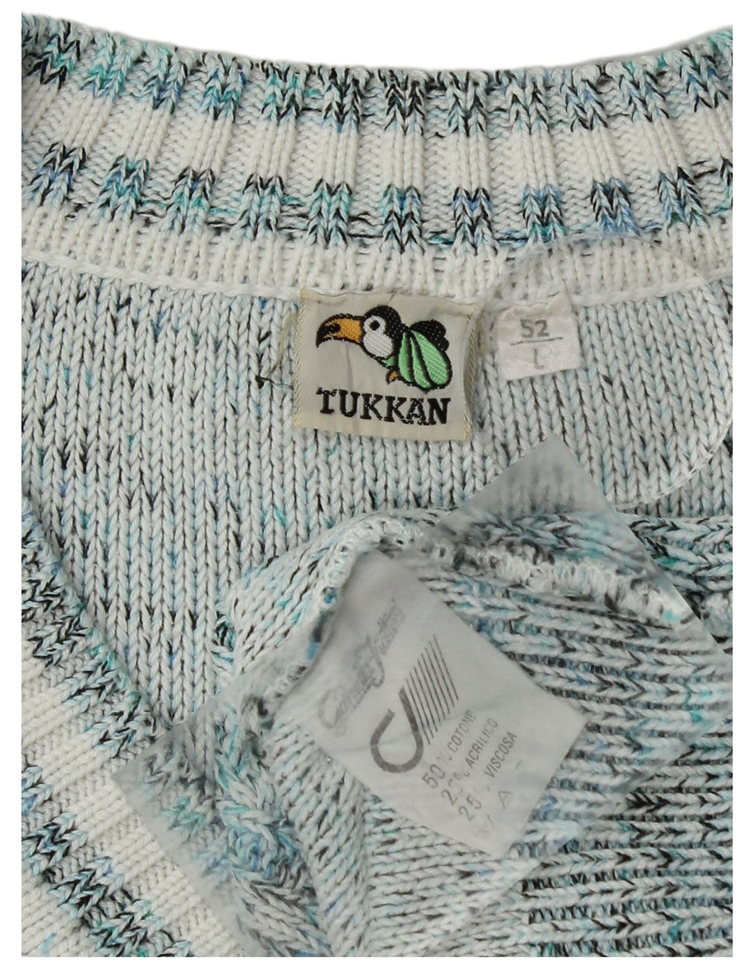 Maglione vintage da uomo con scollo a V IT 52 Grande cotone geometrico blu