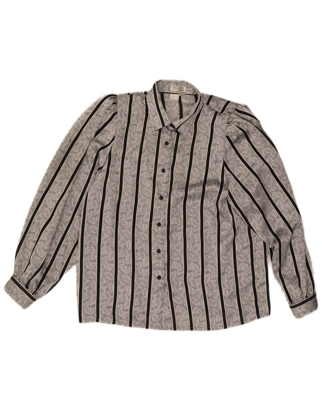 Camicetta camicia vintage da donna UK 14/16 Poliestere a righe grandi grigie