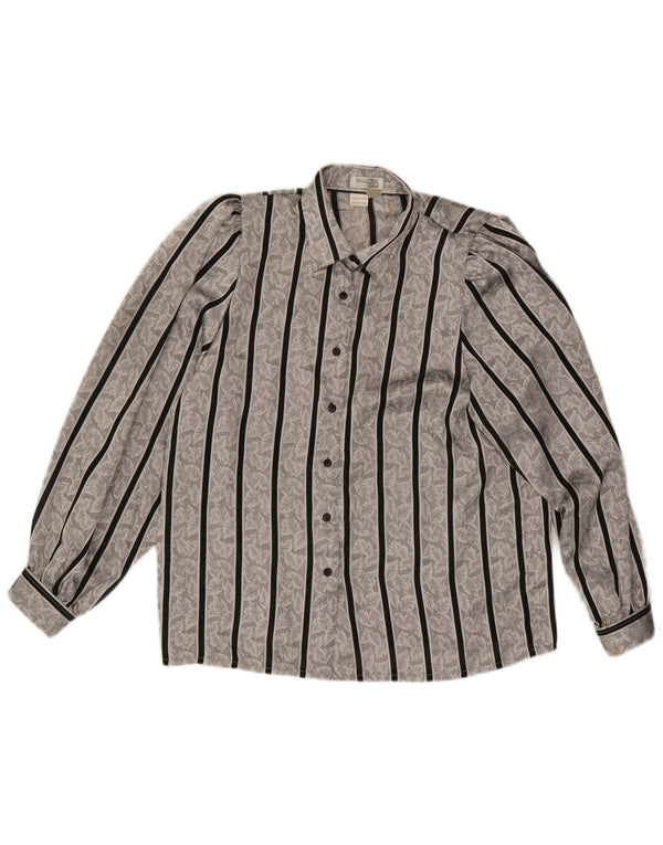 Camicetta camicia vintage da donna UK 14/16 Poliestere a righe grandi grigie