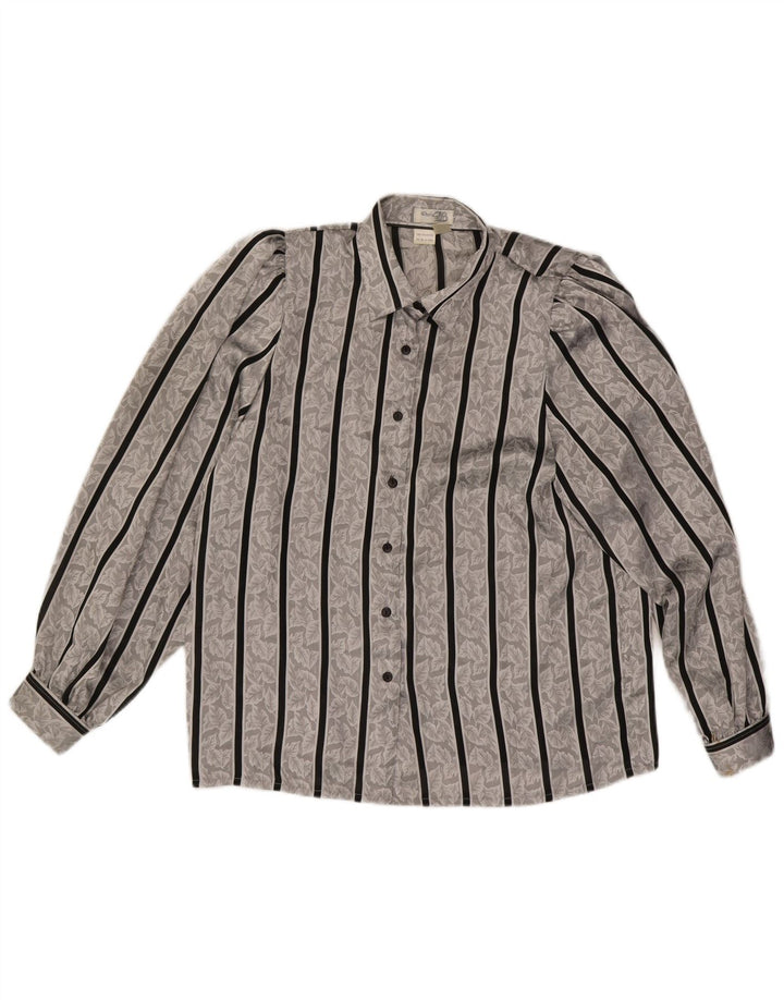 Camicetta camicia vintage da donna UK 14/16 Poliestere a righe grandi grigie