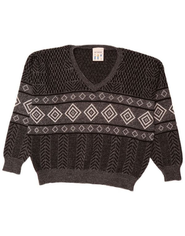 Maglione vintage da uomo con scollo a V XL grigio acrilico geometrico
