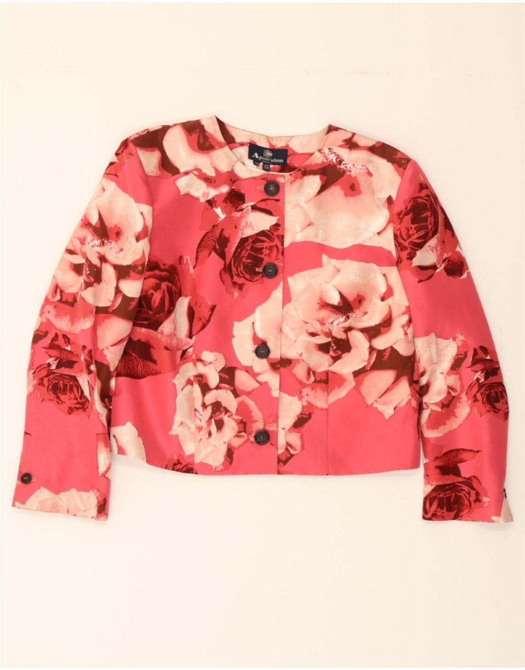 AQUASCUTUM Womens 4 Button Blazer Jacket UK 14 Medium Pink Floral Silk Vintage Aquascutum and Second-Hand Aquascutum from Messina Hembry 