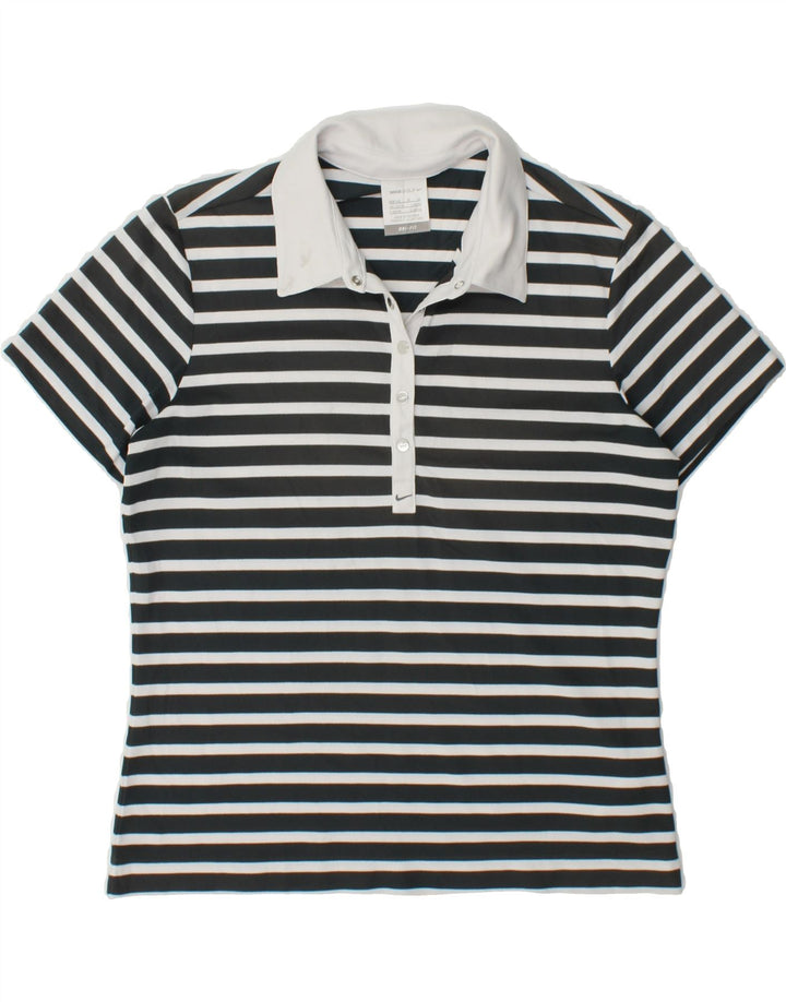 NIKE Womens Dri Fit Polo Shirt UK 12/14 Medium Black Striped Polyester Vintage Nike and Second-Hand Nike from Messina Hembry 