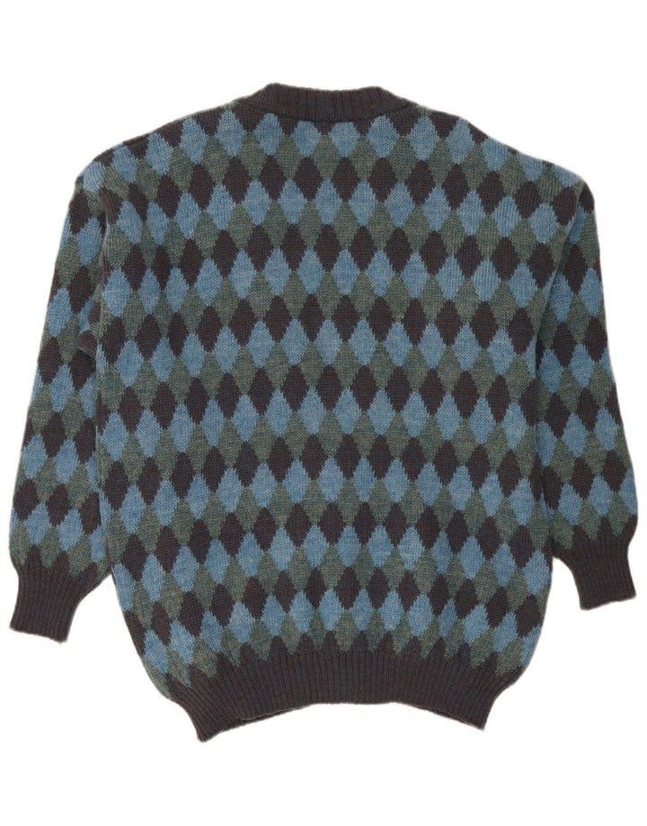 Maglione cardigan vintage da uomo XL blu a rombi/diamante