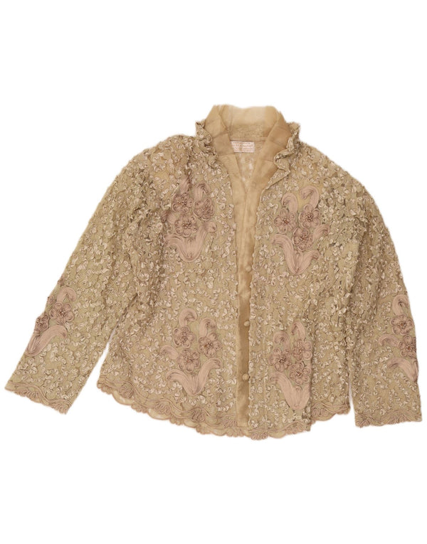 Camicetta camicia di pizzo vintage da donna UK 16 grande seta floreale beige