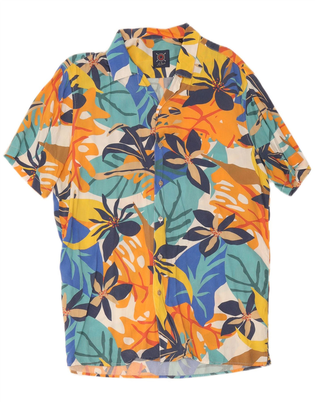 Camicia vintage da uomo a maniche corte in viscosa floreale multicolore grande