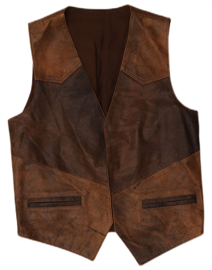 Gilet in pelle vintage da uomo color block marrone medio