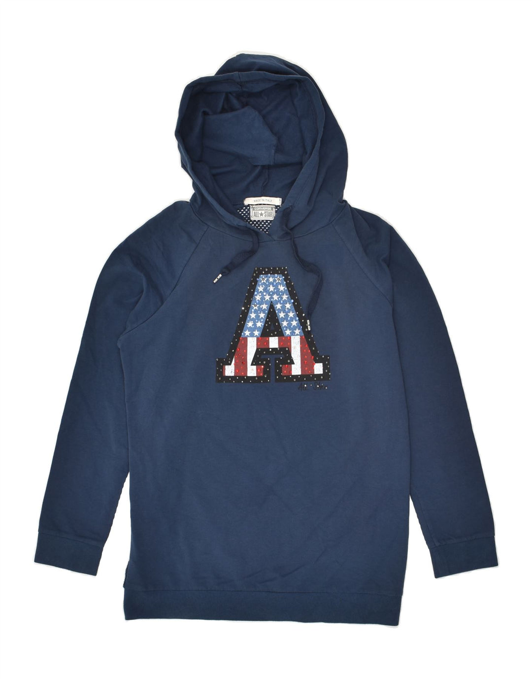 CONVERSE Womens Graphic Hoodie Jumper UK 10 Small Navy Blue Cotton | Vintage Converse | Thrift | Second-Hand Converse | Used Clothing | Messina Hembry 